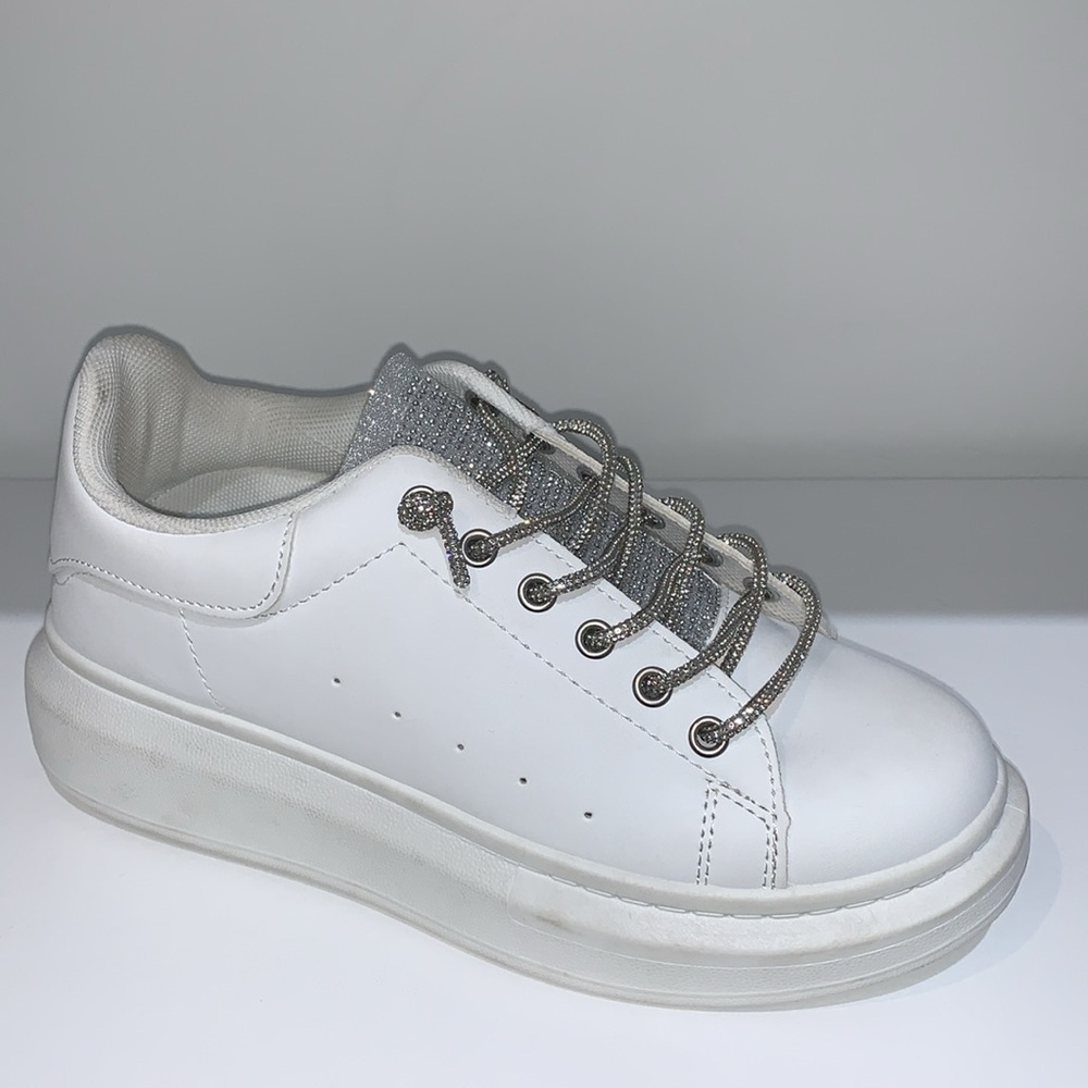 WHITE SHINY PLATFORM RHINESTONE SNEAKERS